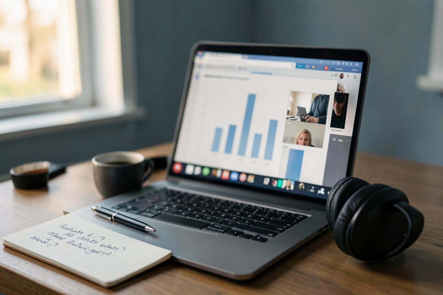 Laptop mit laufendem kostenlosen MPU-Online-Webinar der 123MPU+ GmbH, daneben Kopfhörer und Notizblock