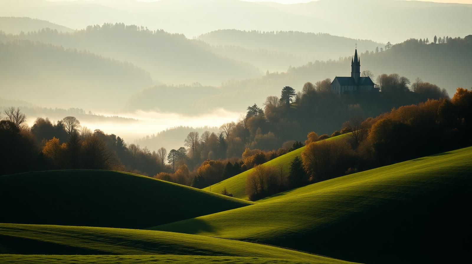 Hügellandschaft des Westerwaldkreises bei Montabaur im Morgenlicht mit Kirchturm auf bewaldetem Hügel